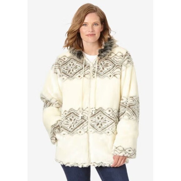 Women's Z Studio Plus Size Faux Fur Print Hooded Jacket - Picture 1 of 7